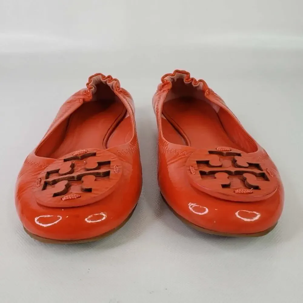Tory Burch Reva Patent Leather Logo Ballet Flats Orange Ref Women’s Size 8.5